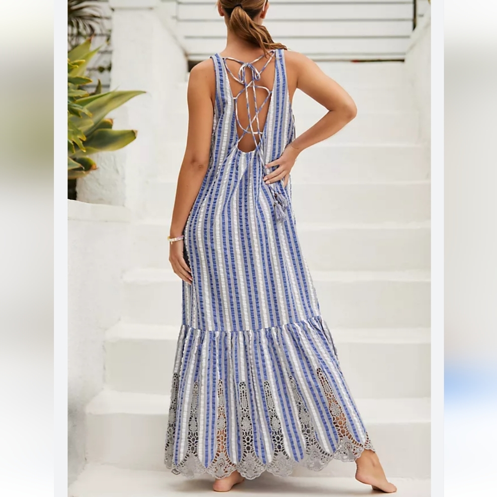 NWT Anthropologie Tiered Crochet dress lace up back with tassels‎ size Medium